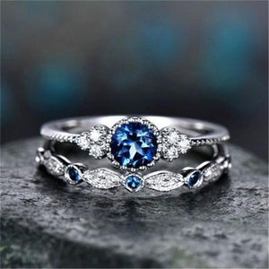 Wish Rings 2 Piece Set Classic 925 Sterling Silver Round Cut Gemstones Sapphire Ring